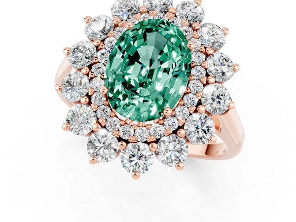 Rose gold Oval Cut Green Sapphire Floral Double Halo Engagement Ring with Prong Setting