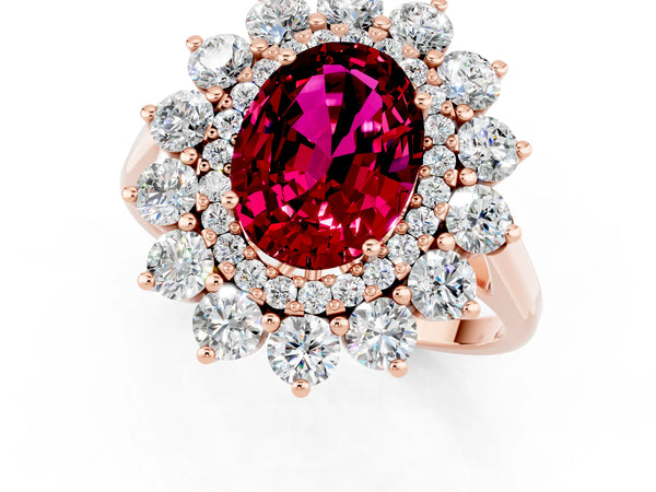 Rose gold Oval Cut Garnet Floral Double Halo Engagement Ring with Prong Setting