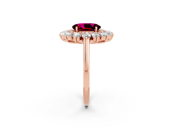 Rose gold Oval Cut Garnet Floral Double Halo Engagement Ring with Prong Setting