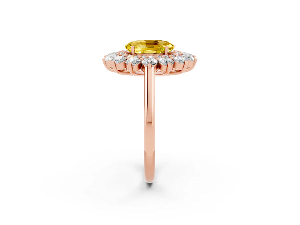 Rose gold Oval Cut Yellow Sapphire Floral Double Halo Engagement Ring with Prong Setting