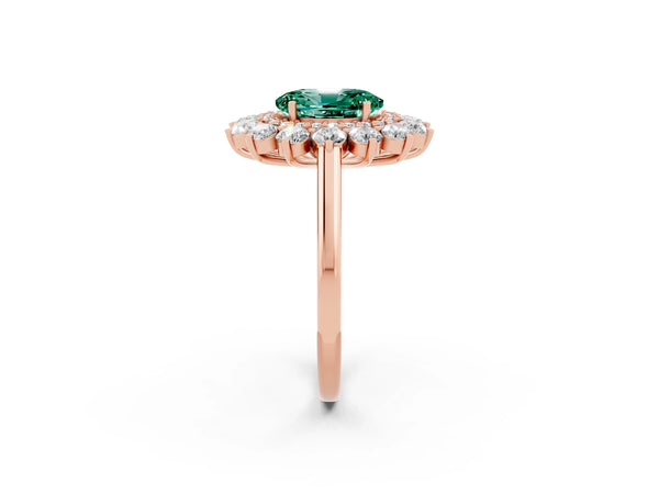 Rose gold Oval Cut Green Sapphire Floral Double Halo Engagement Ring with Prong Setting
