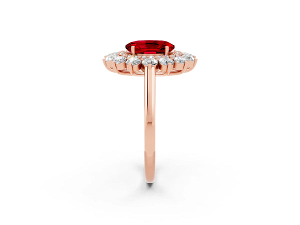 Rose gold Oval Cut Ruby Floral Double Halo Engagement Ring with Prong Setting