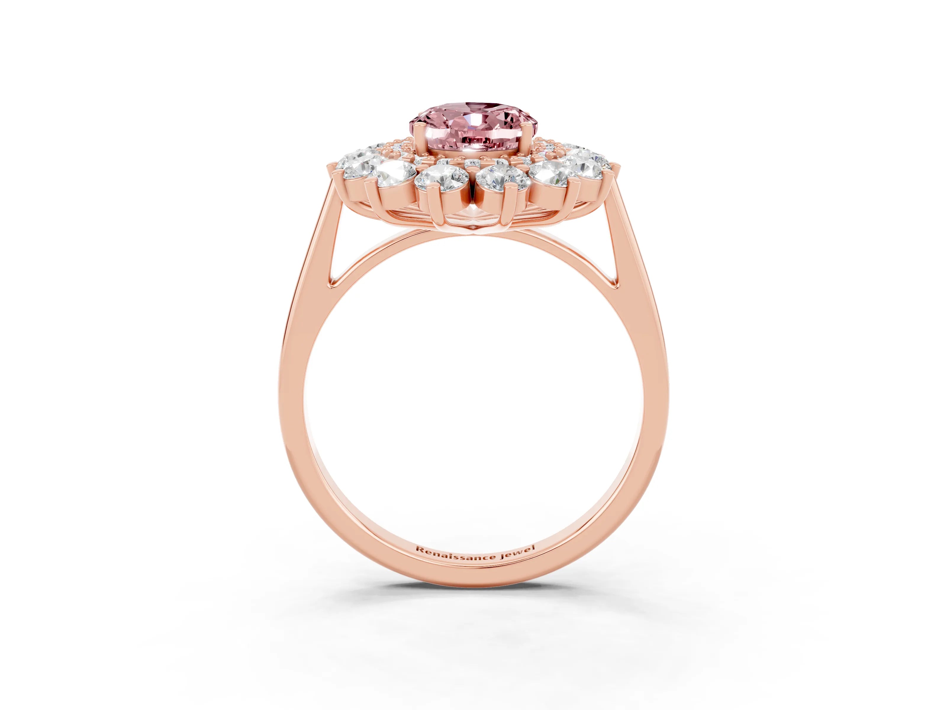 Rose gold Oval Cut Halo Cluster Diamond Ring with Pave Band and Four-Prong Setting_15