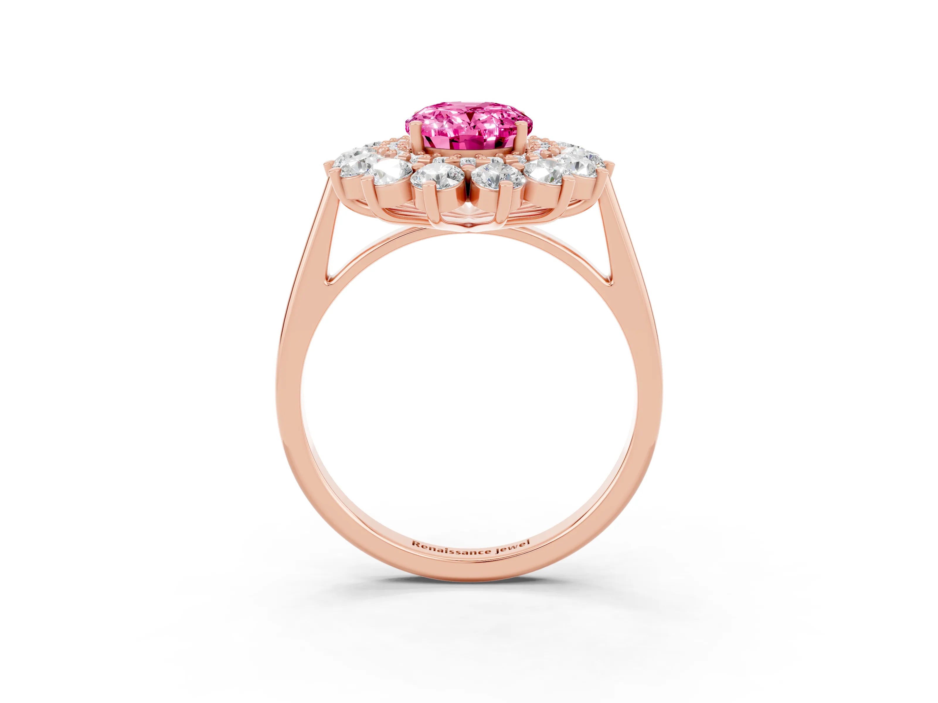 Rose gold Oval Cut Halo Cluster Diamond Ring with Pave Band and Four-Prong Setting_15