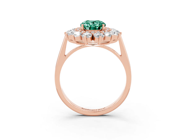 Rose gold Oval Cut Green Sapphire Floral Double Halo Engagement Ring with Prong Setting