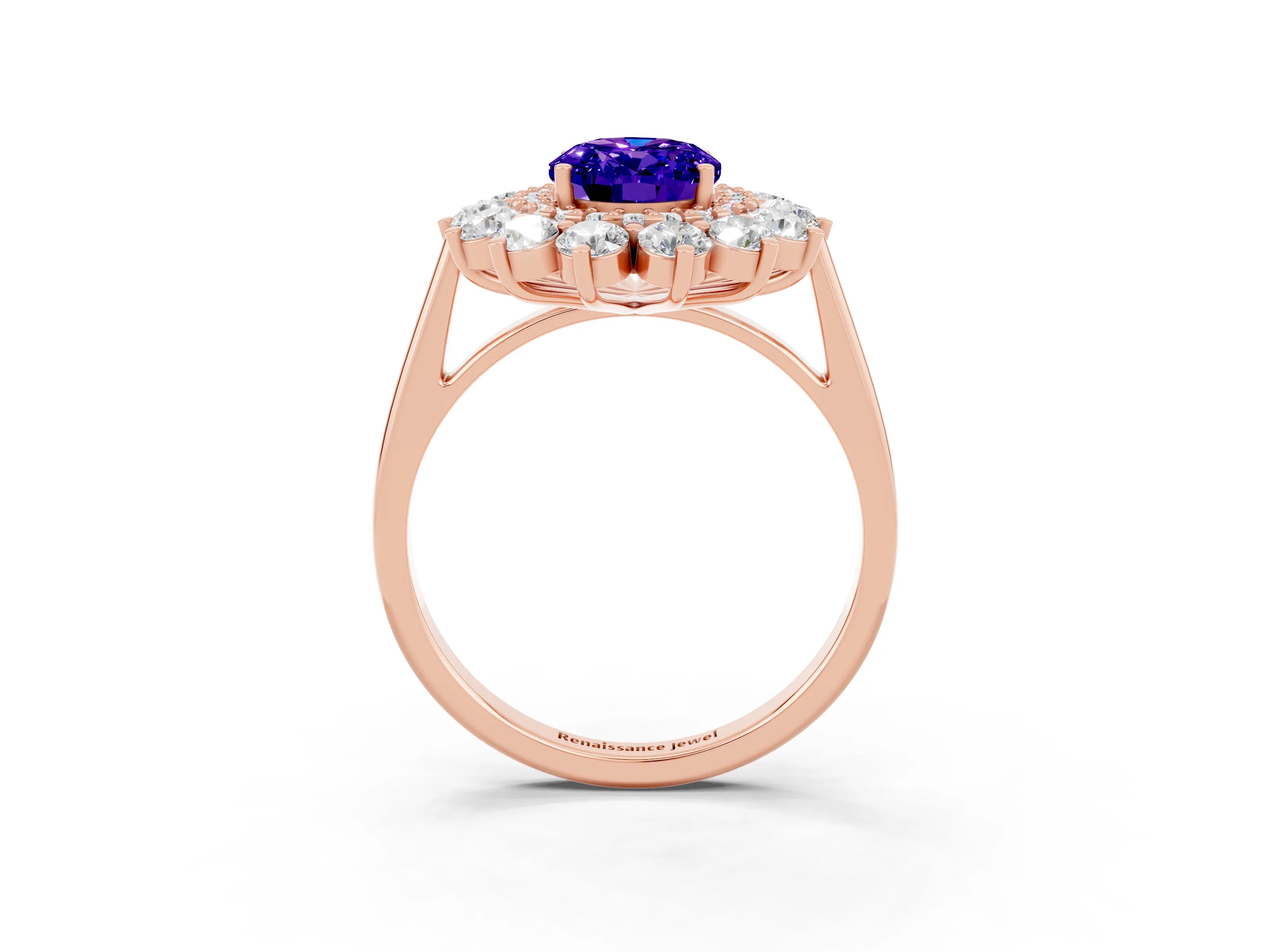 Rose gold Oval Cut Halo Cluster Diamond Ring with Pave Band and Four-Prong Setting_15