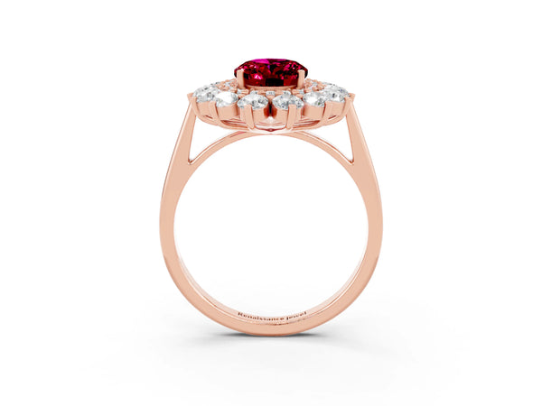 Rose gold Oval Cut Garnet Floral Double Halo Engagement Ring with Prong Setting