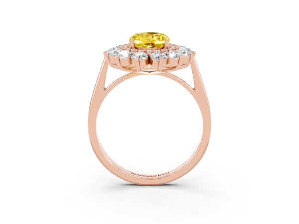 Rose gold Oval Cut Yellow Sapphire Floral Double Halo Engagement Ring with Prong Setting