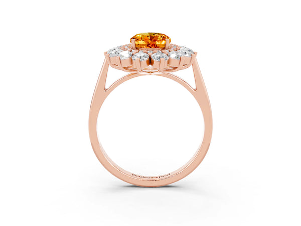 Rose gold Oval Cut Citrine Floral Double Halo Engagement Ring with Prong Setting