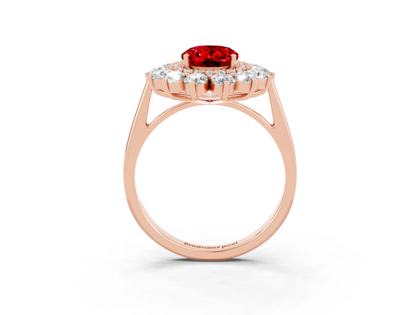 Rose gold Oval Cut Ruby Floral Double Halo Engagement Ring with Prong Setting