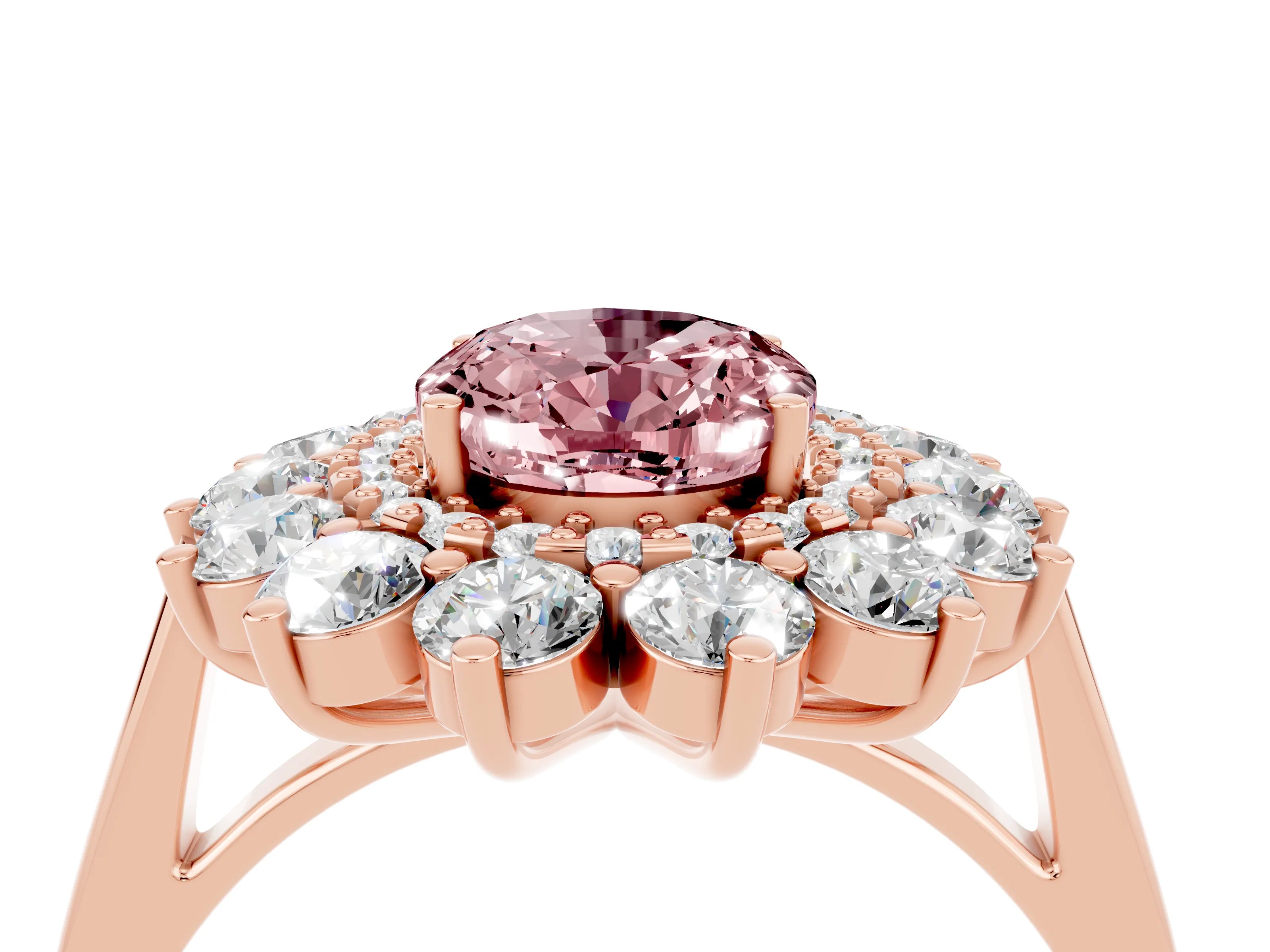 Rose gold Oval Cut Halo Cluster Diamond Ring with Pave Band and Four-Prong Setting_16