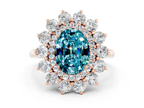Rose gold Oval Cut Blue Topaz Floral Double Halo Engagement Ring with Prong Setting