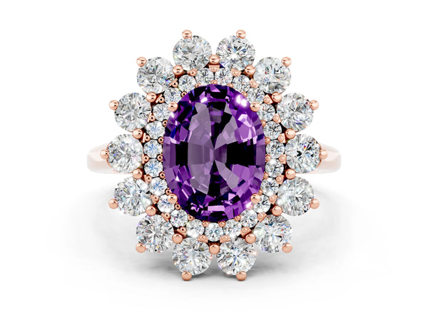 Rose gold Oval Cut Amethyst Floral Double Halo Engagement Ring with Prong Setting