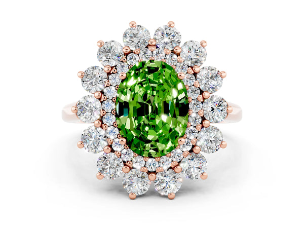Rose gold Oval Cut Peridot Floral Double Halo Engagement Ring with Prong Setting