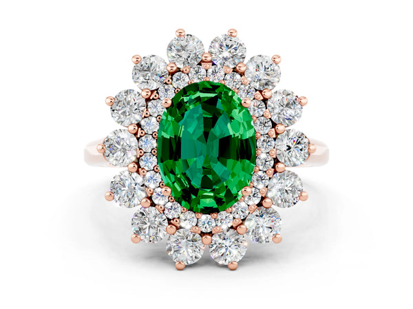 Rose gold Oval Cut Emerald Floral Double Halo Engagement Ring with Prong Setting