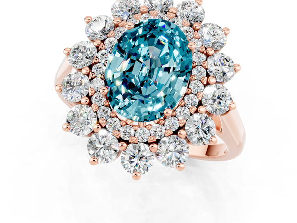 Rose gold Oval Cut Blue Topaz Floral Double Halo Engagement Ring with Prong Setting
