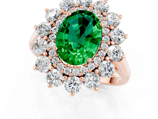 Rose gold Oval Cut Emerald Floral Double Halo Engagement Ring with Prong Setting