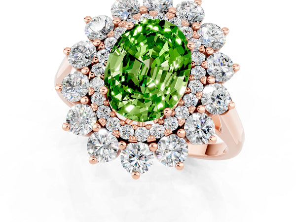 Rose gold Oval Cut Peridot Floral Double Halo Engagement Ring with Prong Setting
