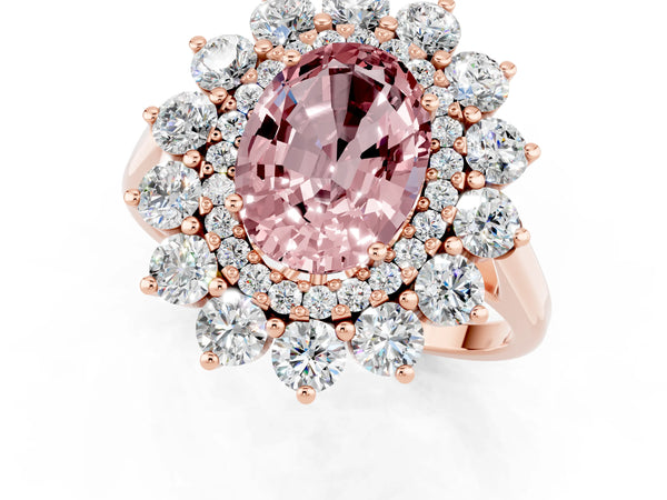 Rose gold Oval Cut Halo Cluster Diamond Ring with Pave Band and Four-Prong Setting