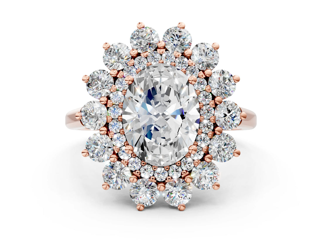 Rose gold Oval Cut Halo Cluster Diamond Ring with Pave Band and Four-Prong Setting_3