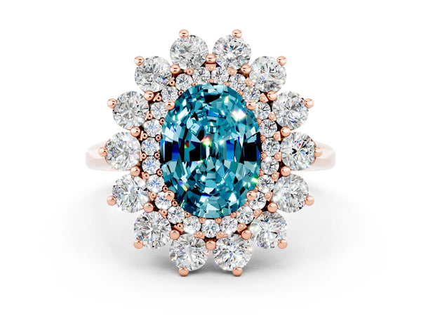 Rose gold Oval Cut Blue Topaz Floral Double Halo Engagement Ring with Prong Setting