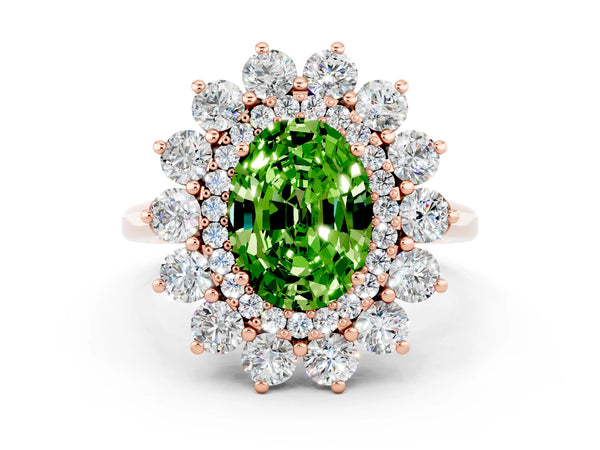 Rose gold Oval Cut Peridot Floral Double Halo Engagement Ring with Prong Setting