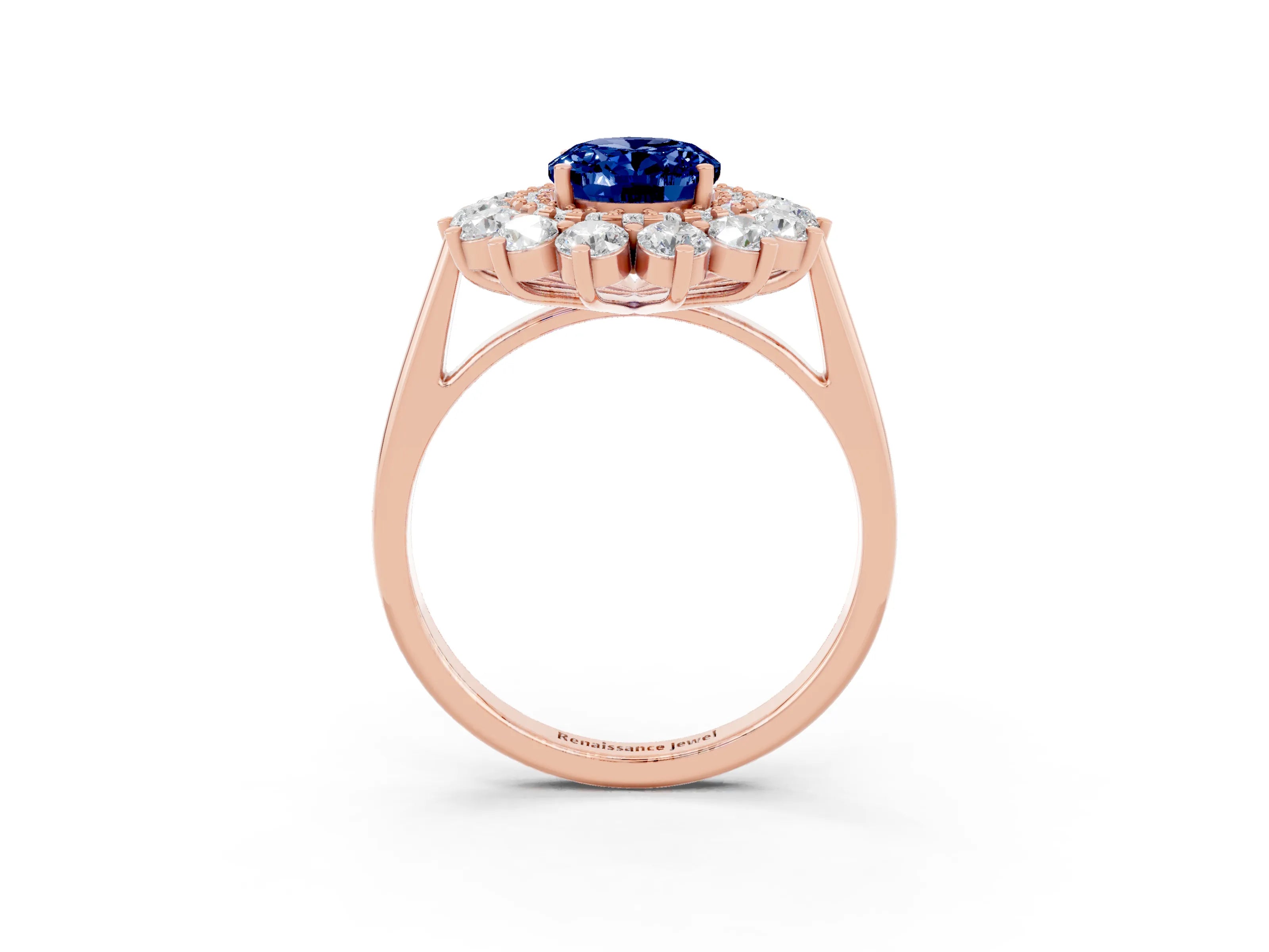 Rose gold Oval Cut Halo Cluster Diamond Ring with Pave Band and Four-Prong Setting_33