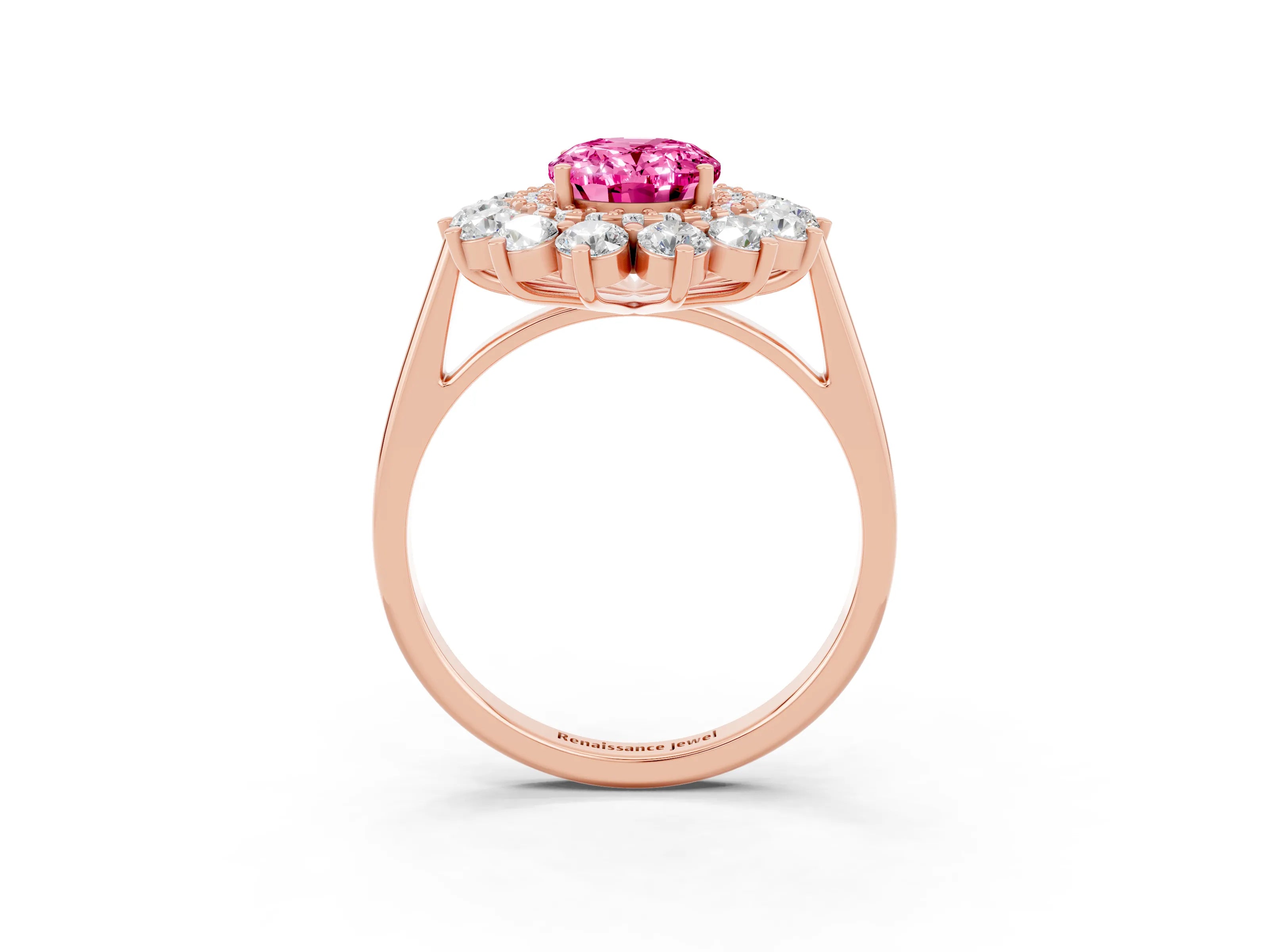 Rose gold Oval Cut Halo Cluster Diamond Ring with Pave Band and Four-Prong Setting_3