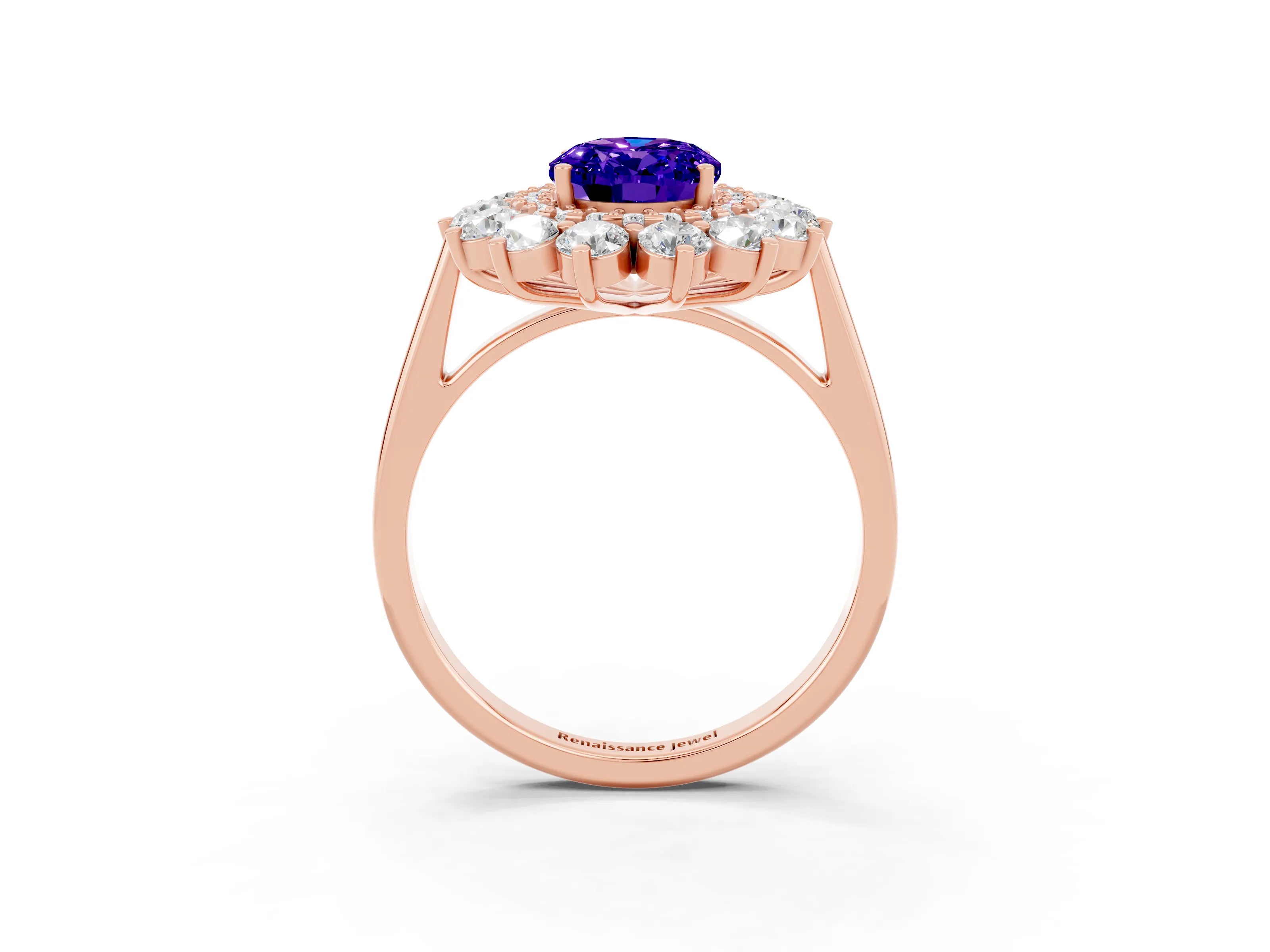 Rose gold Oval Cut Halo Cluster Diamond Ring with Pave Band and Four-Prong Setting_3