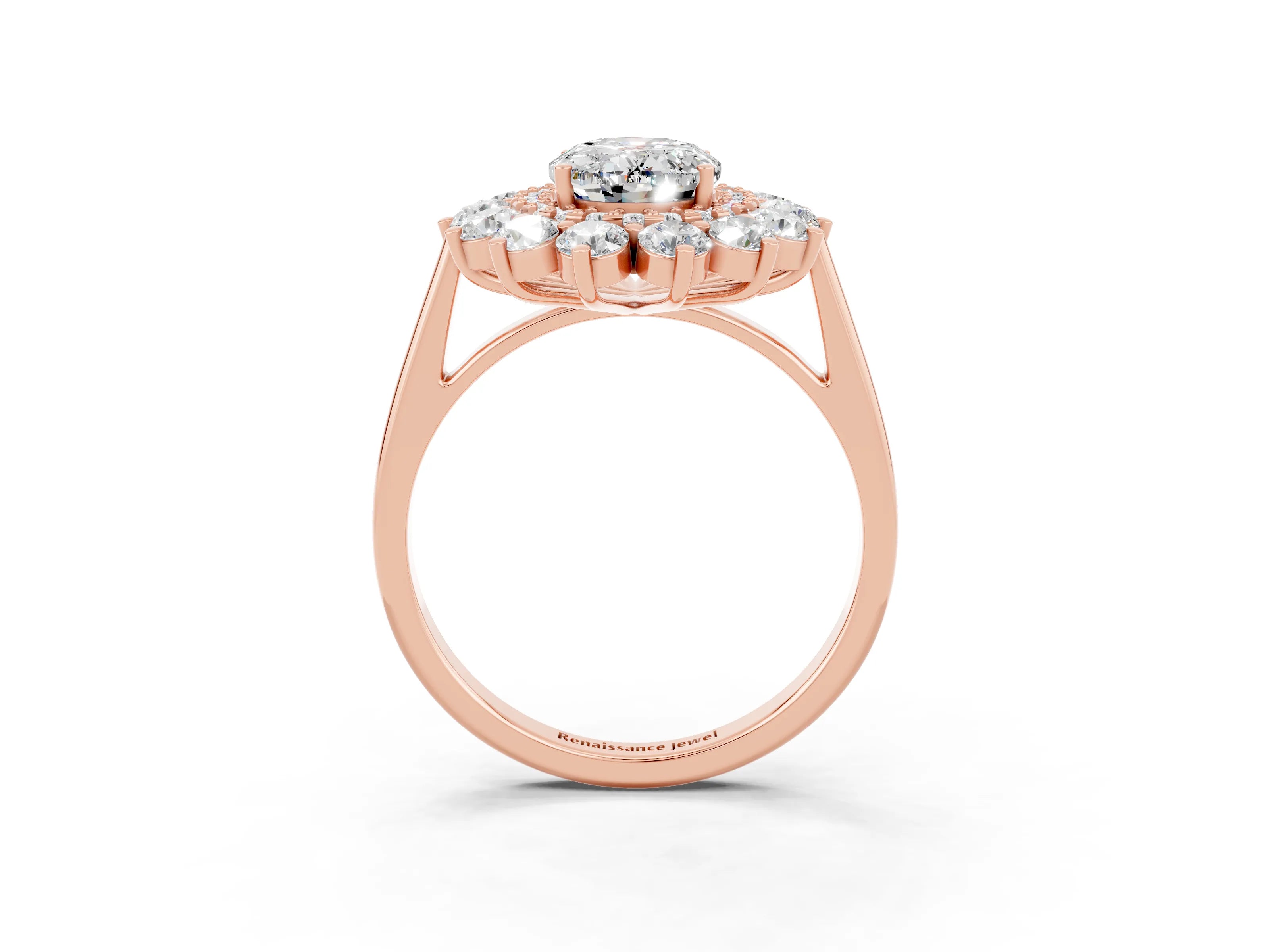 Rose gold Oval Cut Halo Cluster Diamond Ring with Pave Band and Four-Prong Setting_3