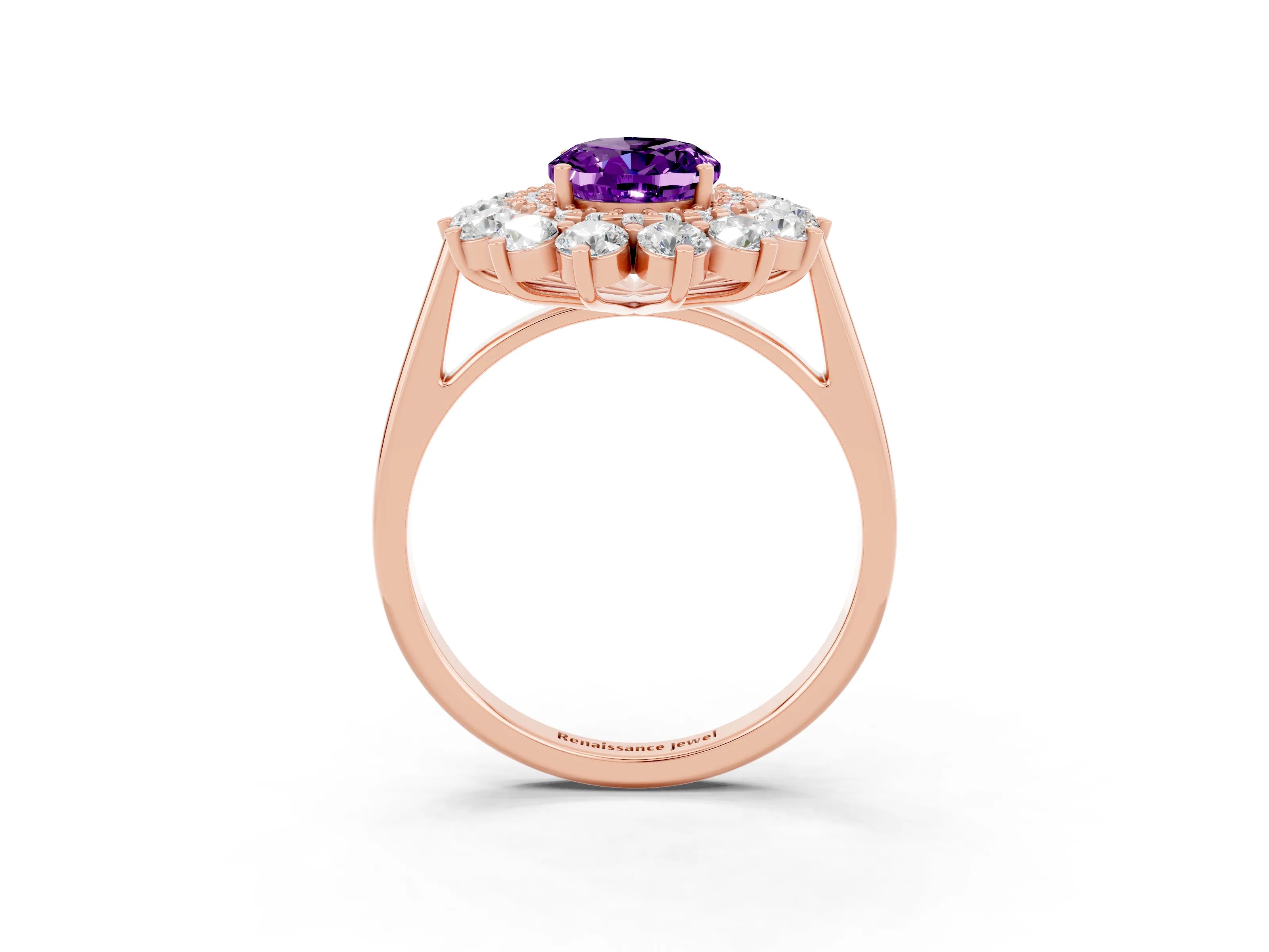 Rose gold Oval Cut Halo Cluster Diamond Ring with Pave Band and Four-Prong Setting_3