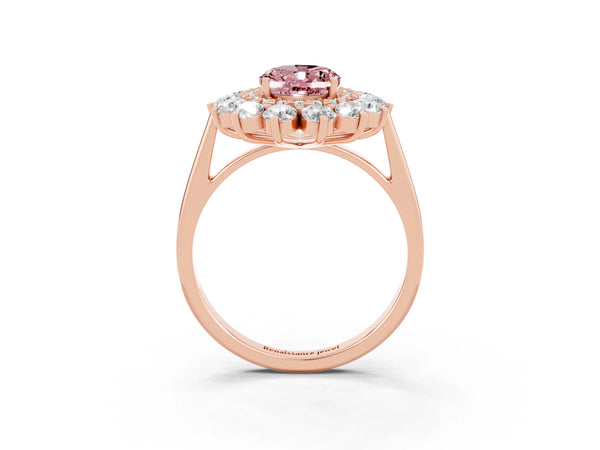 Rose gold Oval Cut Halo Cluster Diamond Ring with Pave Band and Four-Prong Setting
