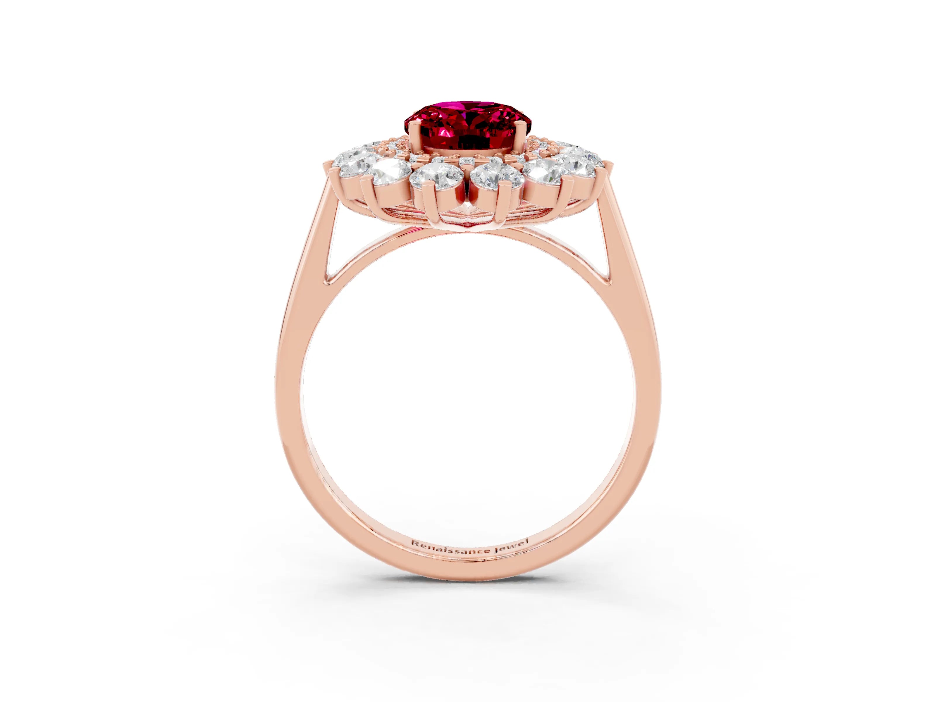 Rose gold Oval Cut Halo Cluster Diamond Ring with Pave Band and Four-Prong Setting_3