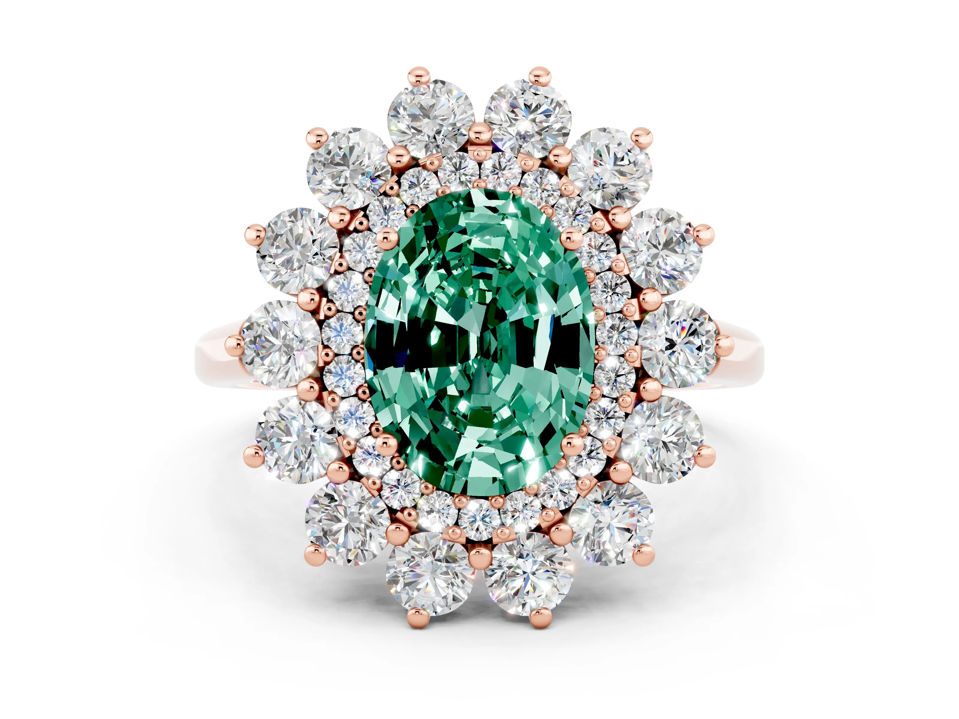 Rose gold Oval Cut Halo Cluster Diamond Ring with Pave Band and Four-Prong Setting