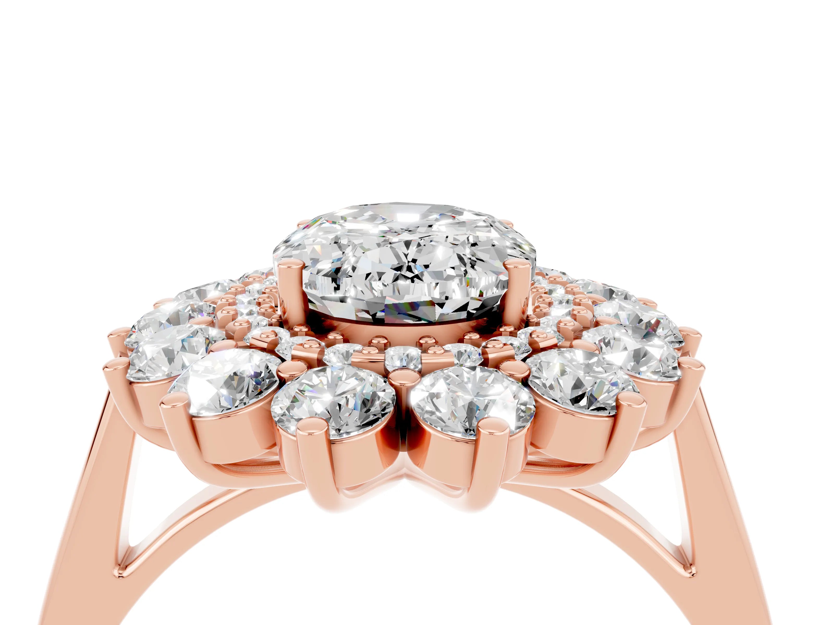 Rose gold Oval Cut Halo Cluster Diamond Ring with Pave Band and Four-Prong Setting_4