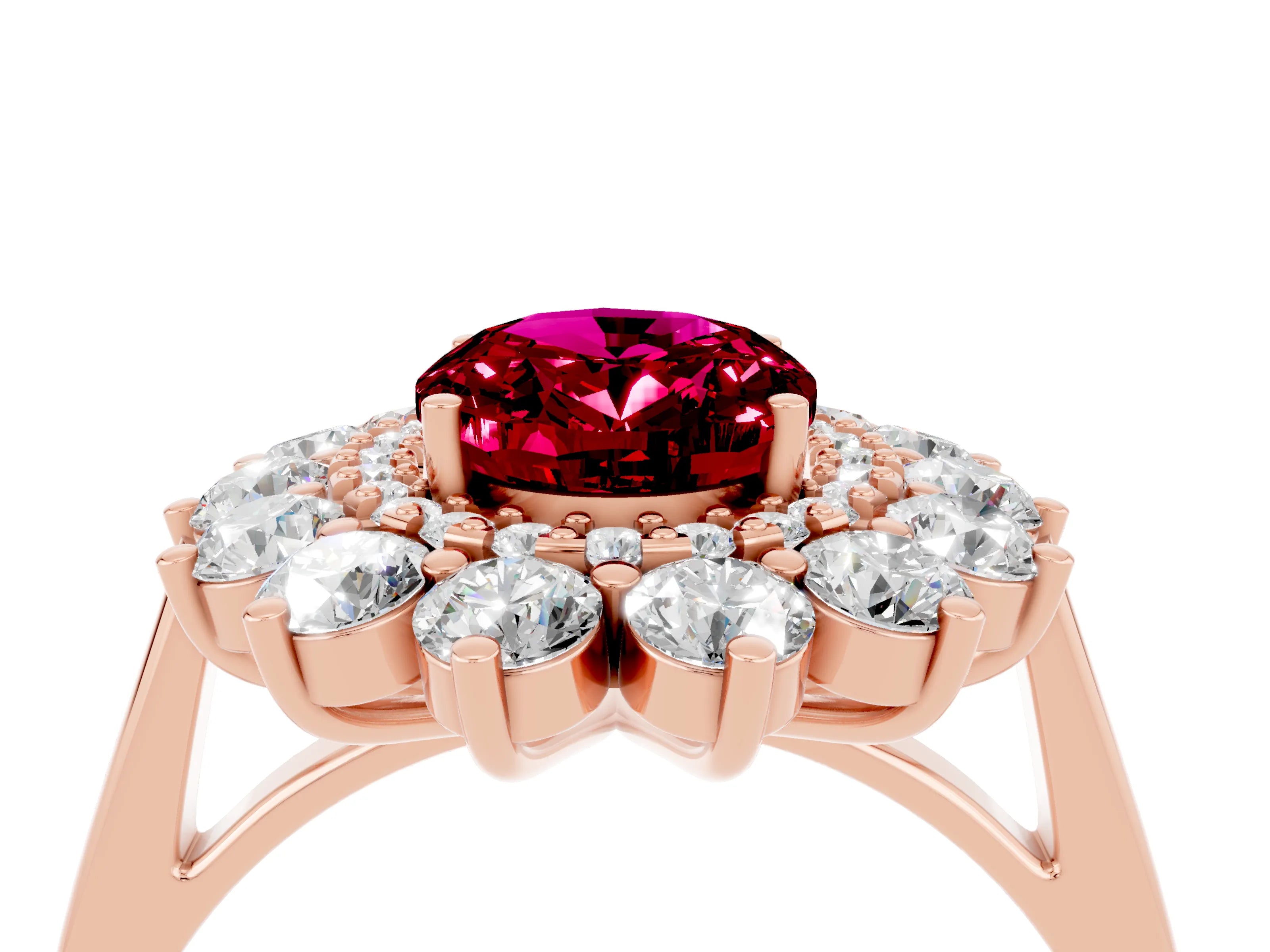 Rose gold Oval Cut Halo Cluster Diamond Ring with Pave Band and Four-Prong Setting_4