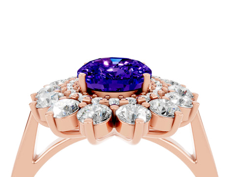 Rose gold Oval Cut Halo Cluster Diamond Ring with Pave Band and Four-Prong Setting_4