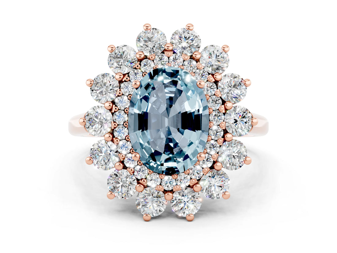 Rose gold Oval Cut Halo Cluster Diamond Ring with Pave Band and Four-Prong Setting_6