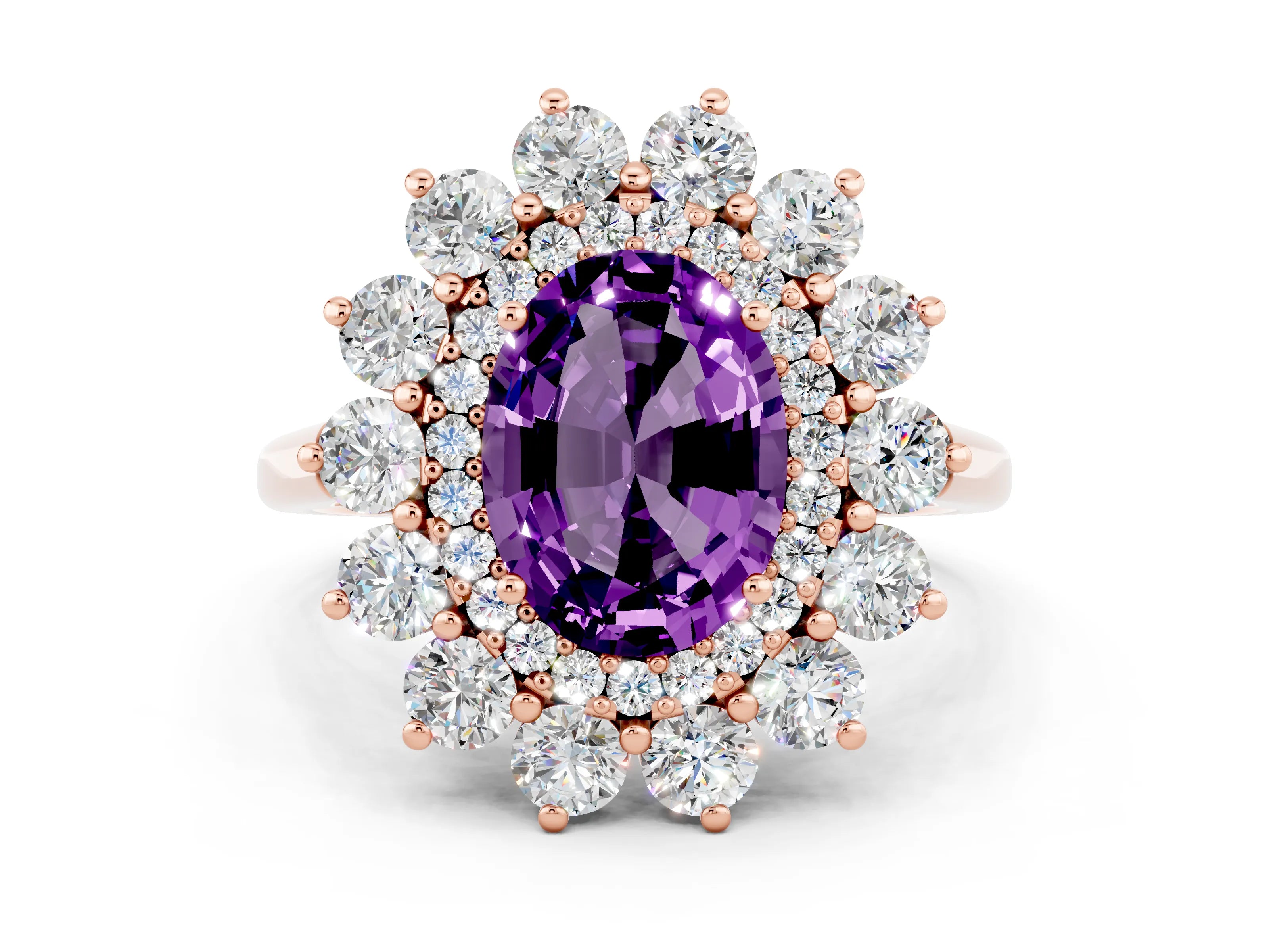 Rose gold Oval Cut Halo Cluster Diamond Ring with Pave Band and Four-Prong Setting_6
