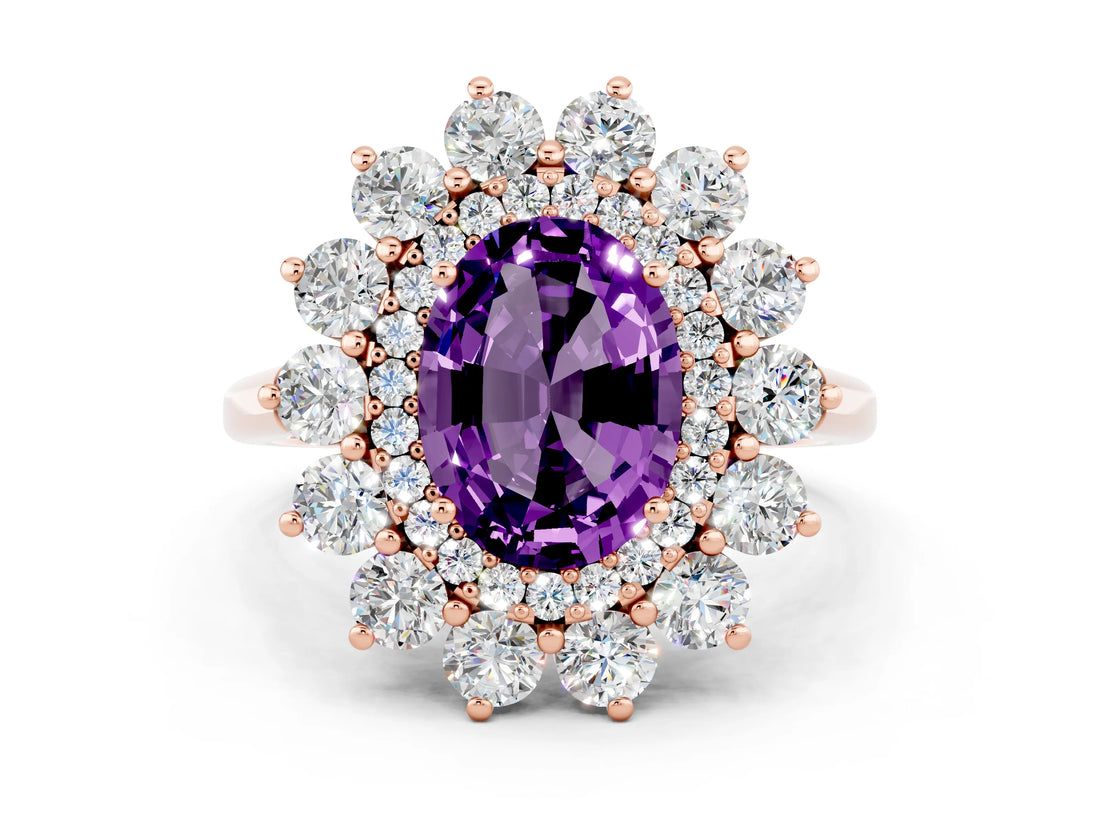 Rose gold Oval Cut Halo Cluster Diamond Ring with Pave Band and Four-Prong Setting_6