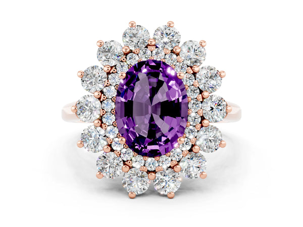 Rose gold Oval Cut Amethyst Floral Double Halo Engagement Ring with Prong Setting