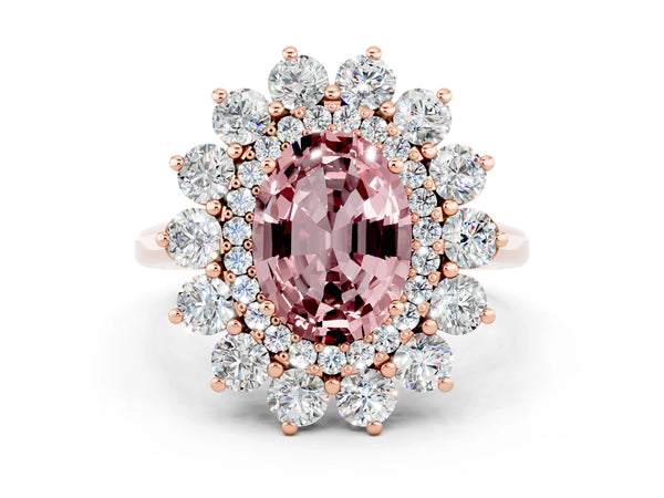 Rose gold Oval Cut Halo Cluster Diamond Ring with Pave Band and Four-Prong Setting