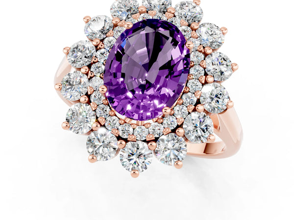 Rose gold Oval Cut Amethyst Floral Double Halo Engagement Ring with Prong Setting