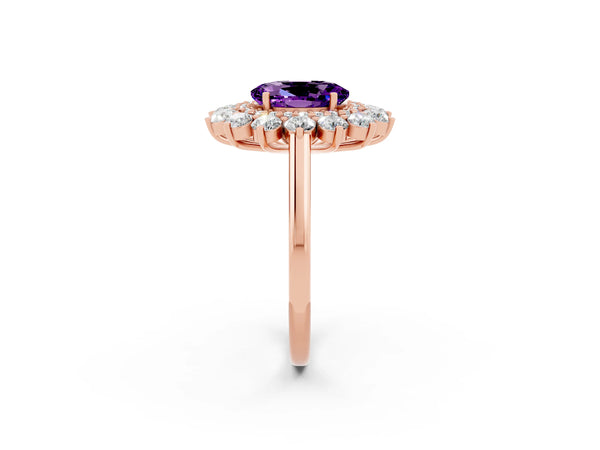 Rose gold Oval Cut Amethyst Floral Double Halo Engagement Ring with Prong Setting