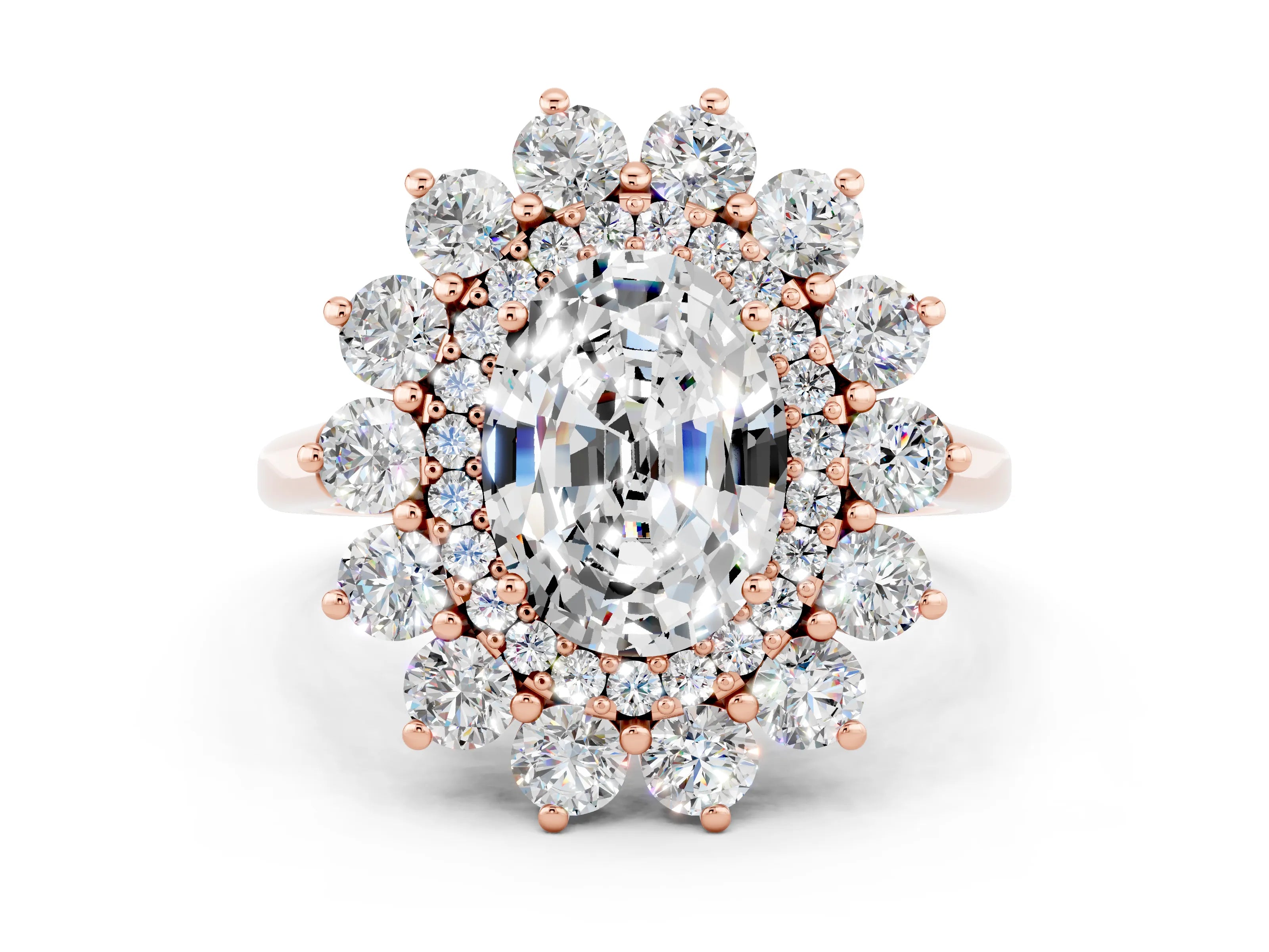 Rose gold Oval Cut Halo Cluster Diamond Ring with Pave Band and Four-Prong Setting