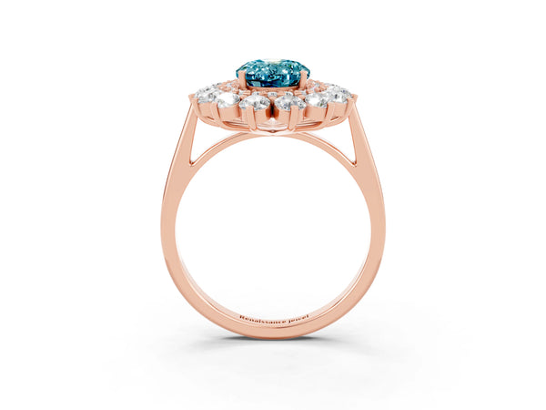 Rose gold Oval Cut Halo Cluster Diamond Ring with Pave Band and Four-Prong Setting