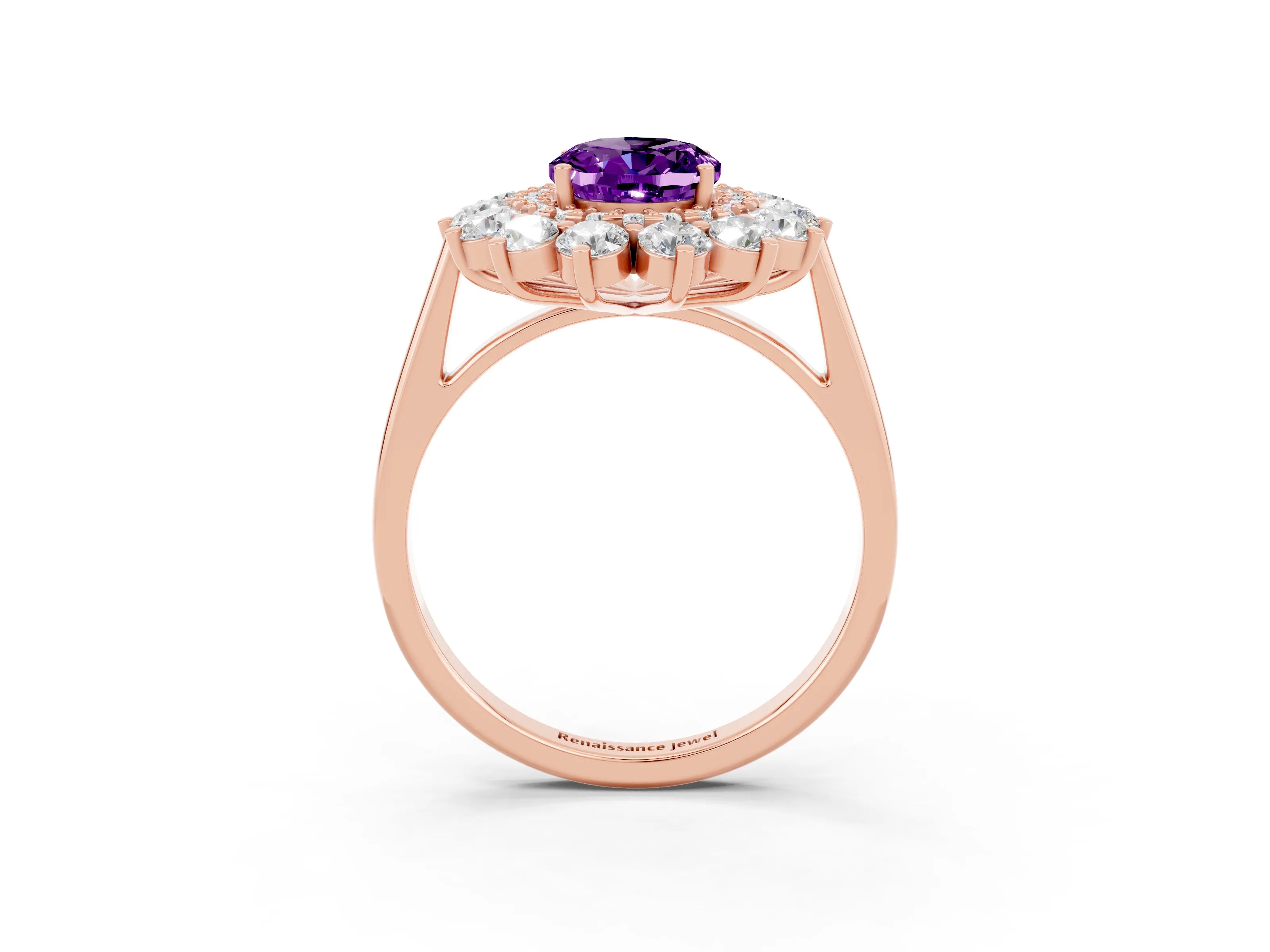 Rose gold Oval Cut Halo Cluster Diamond Ring with Pave Band and Four-Prong Setting_9