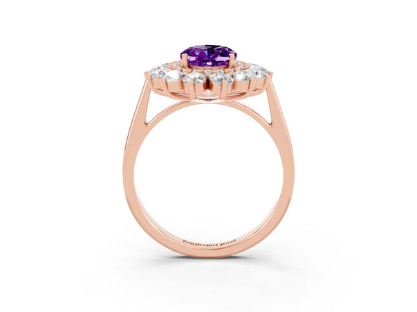 Rose gold Oval Cut Amethyst Floral Double Halo Engagement Ring with Prong Setting