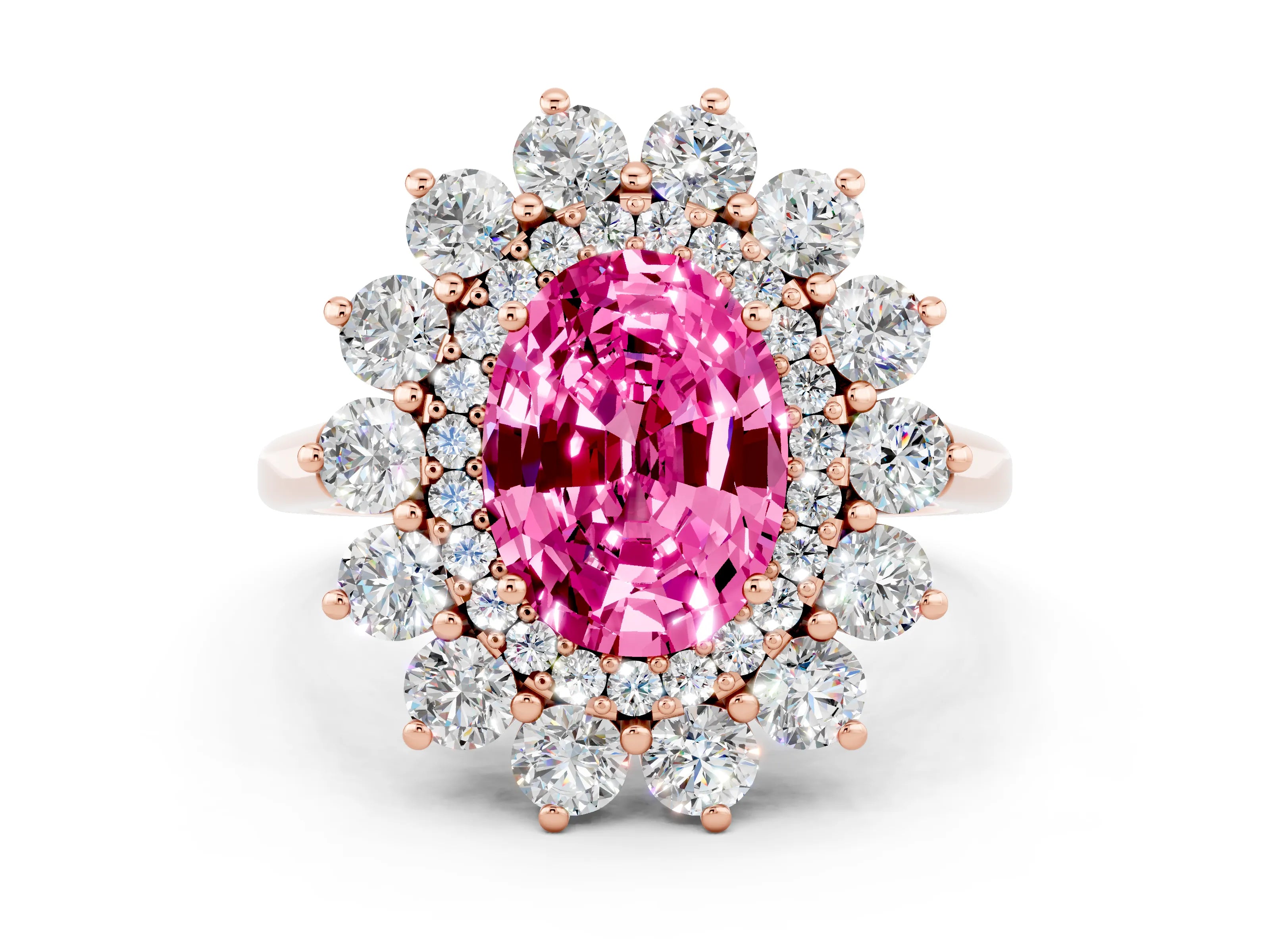 Rose gold Oval Cut Halo Cluster Diamond Ring with Pave Band and Four-Prong Setting
