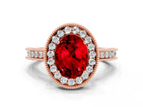 Rose gold Oval Cut Halo Diamond Engagement Ring with Milgrain Pave Band and Four-Prong Setting